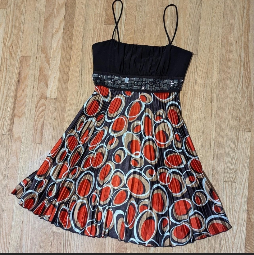 Y2K Vintage Taboo Retro Style Pleated Satin Mini Dress Orange & Brown M